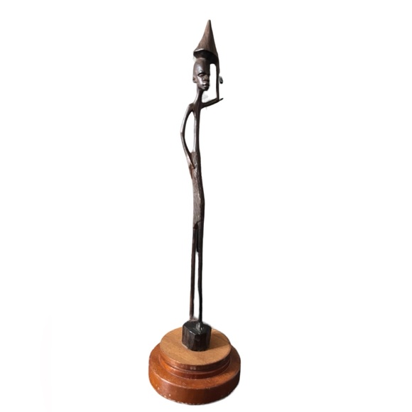 Tanzania Wooden  14”‎ Statue of Man Carrying Basket on Head Water Food - Picture 1 of 8